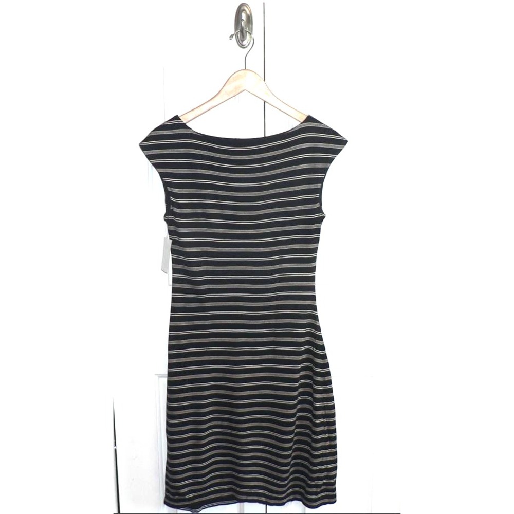 Ann Taylor Loft Women's Sleeveless Side Ruched Striped Dress in Black & Tan XS - Picture 7 of 9